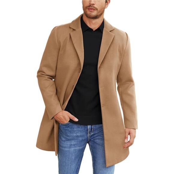 Mens Wool Blend Coat Winter Trench Coats Khaki - Picture 1 of 6